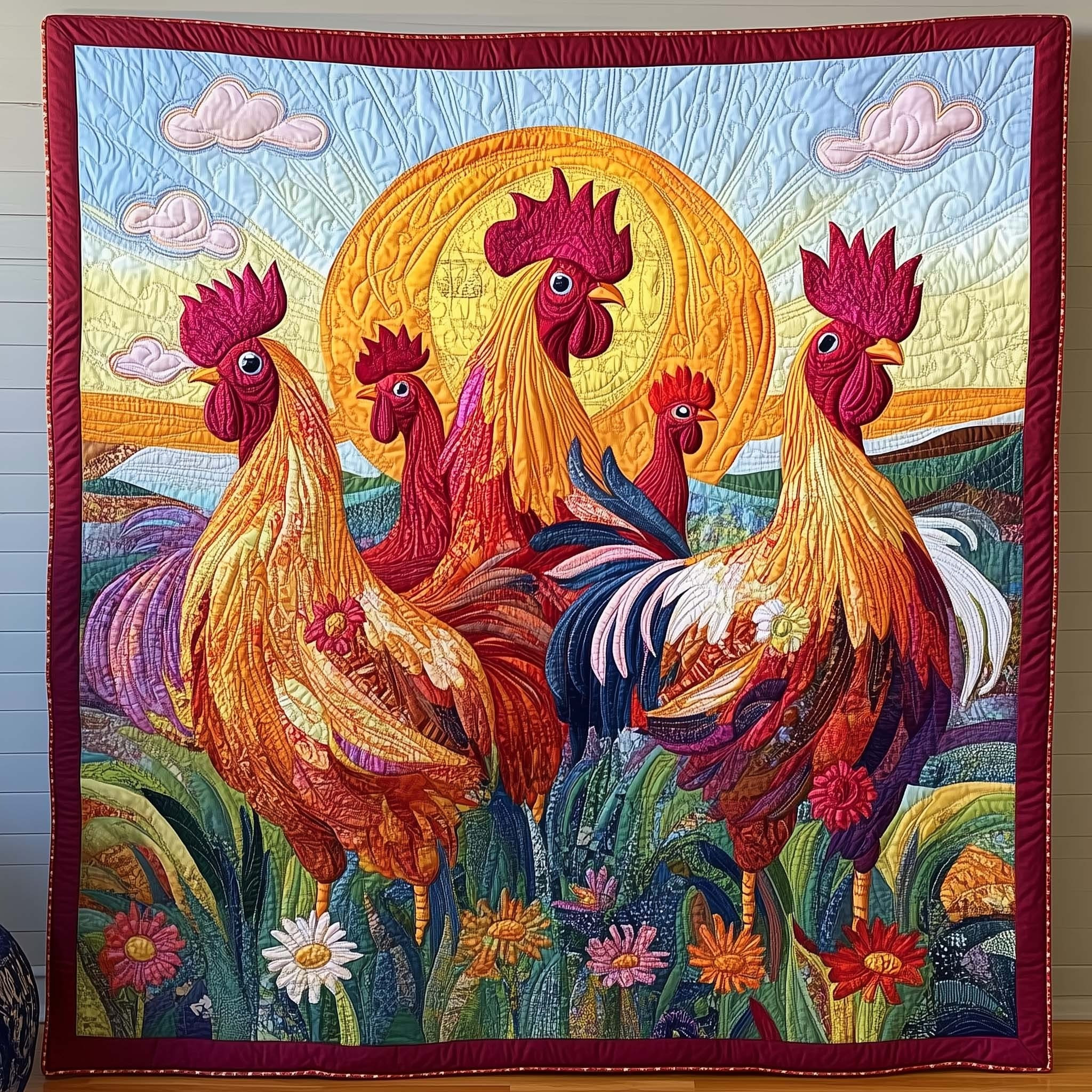 Roosters Golden Quilted Blanket Vibrant Chicken Throw Blanket Gifts Ideas For Farmers