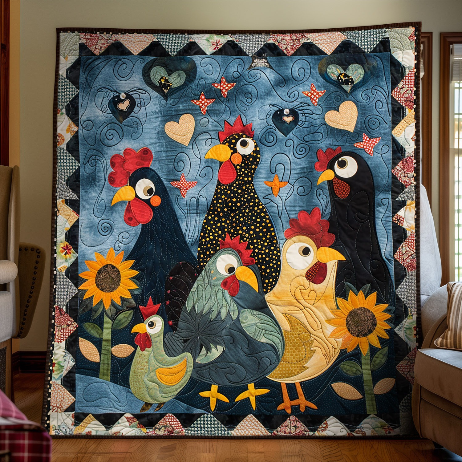 Roosters Whimsy Night Farm Quilted Blanket Whimsical Chicken Throw Blanket Gifts Ideas