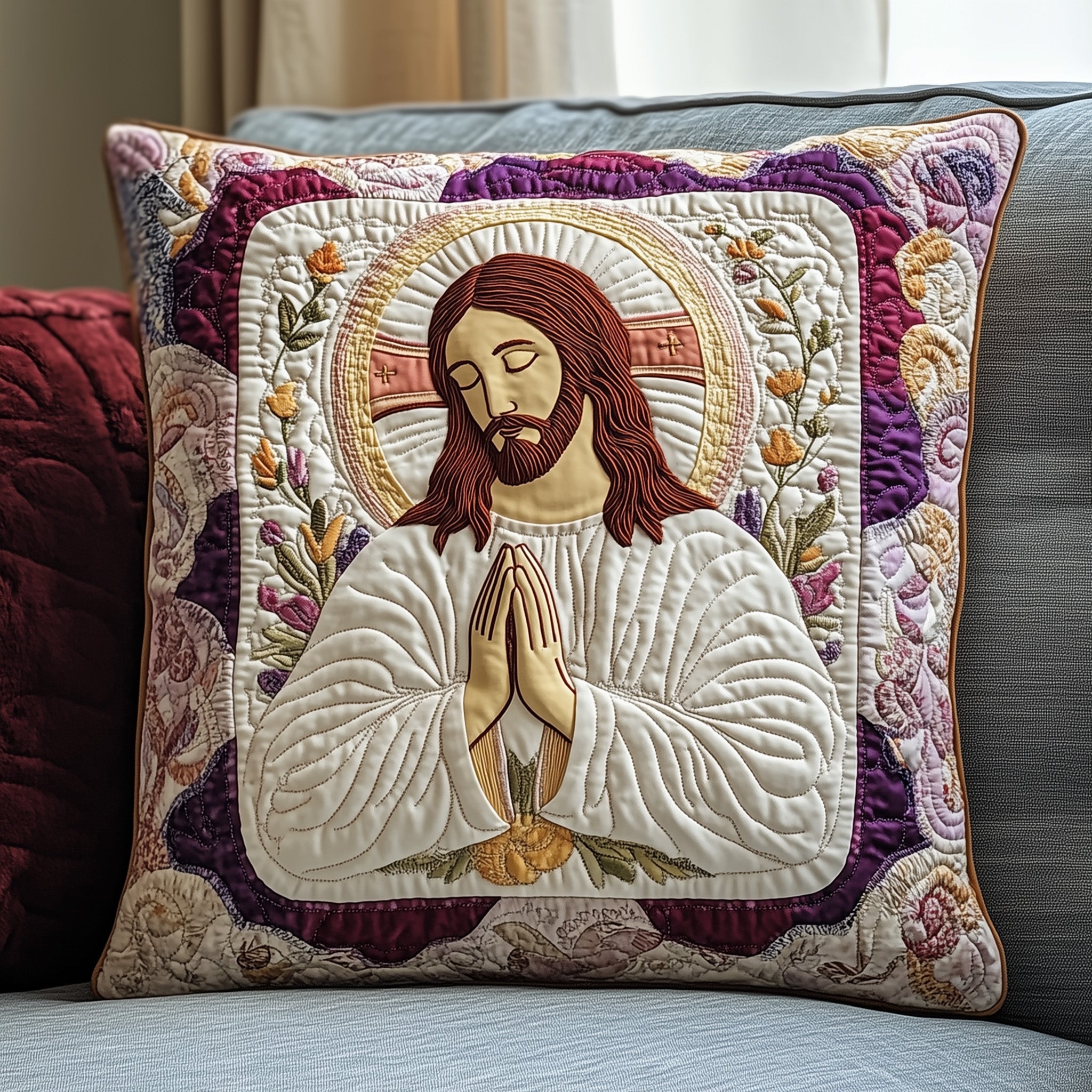 Sacred Moments of Prayer Quilted Pillow Case Square Pillow Cushion CoverEaster Holiday Gift Items