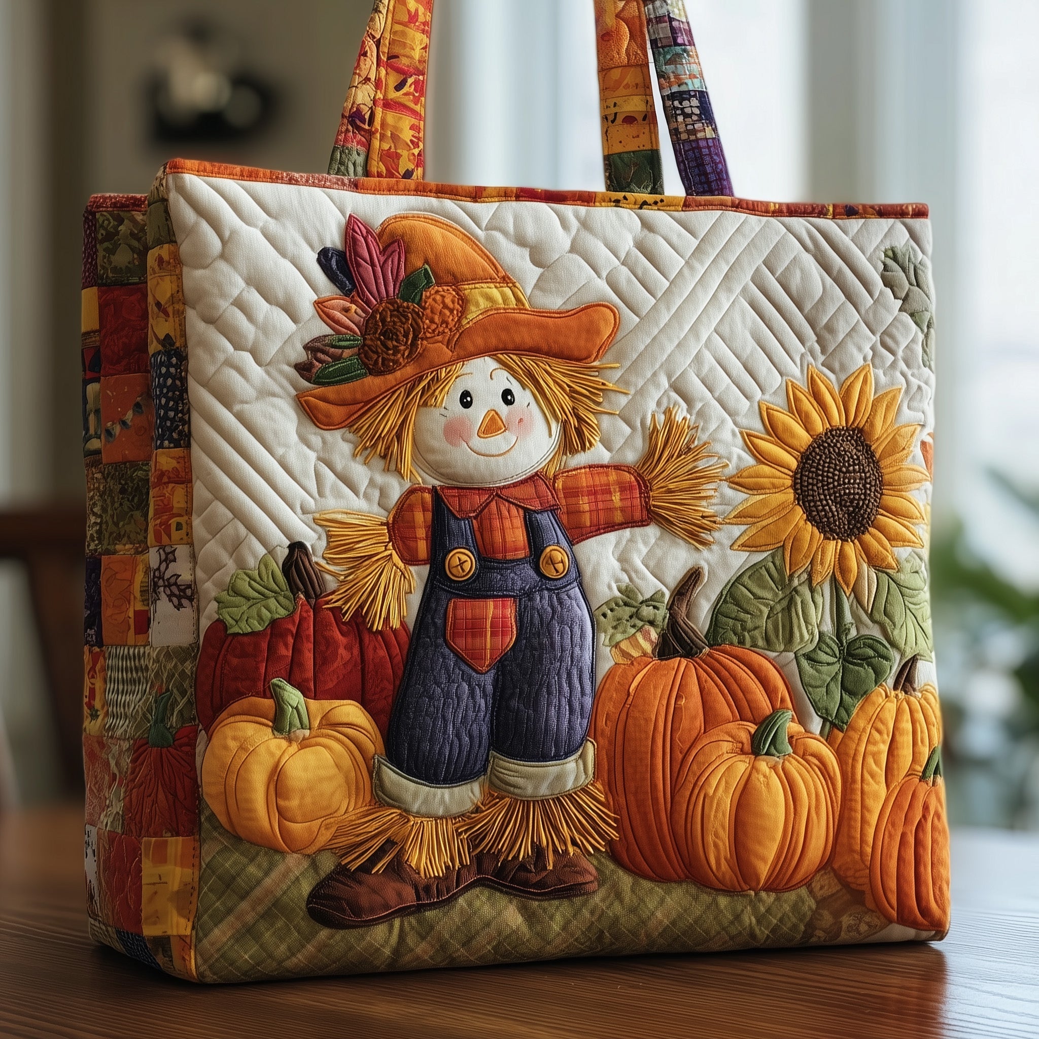 Scarecrow And Pumpkin Quilted Tote Bag Autumn Themed Shoulder Bag Gift For Her