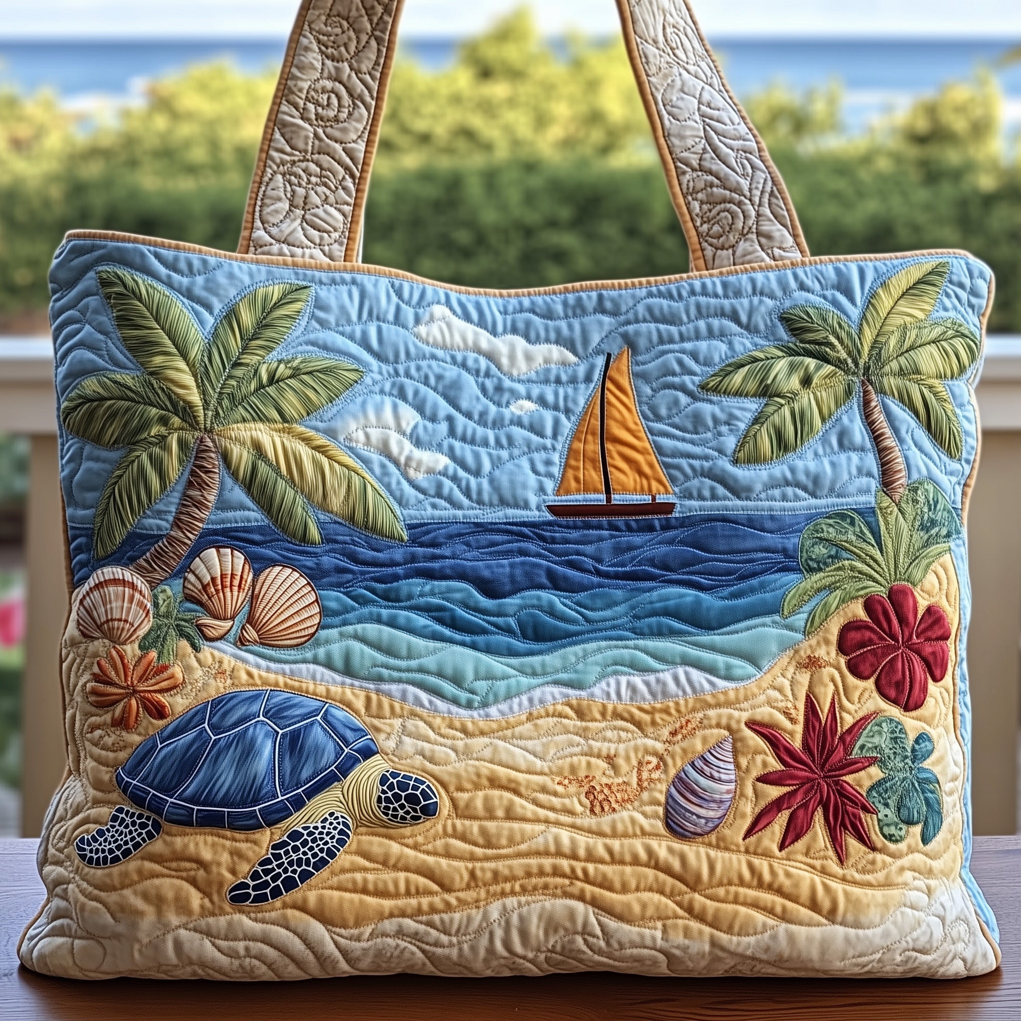 Sea Turtle And Beach Quilted Tote Bag Tropical Island Shoulder Bag Gifts For Wife