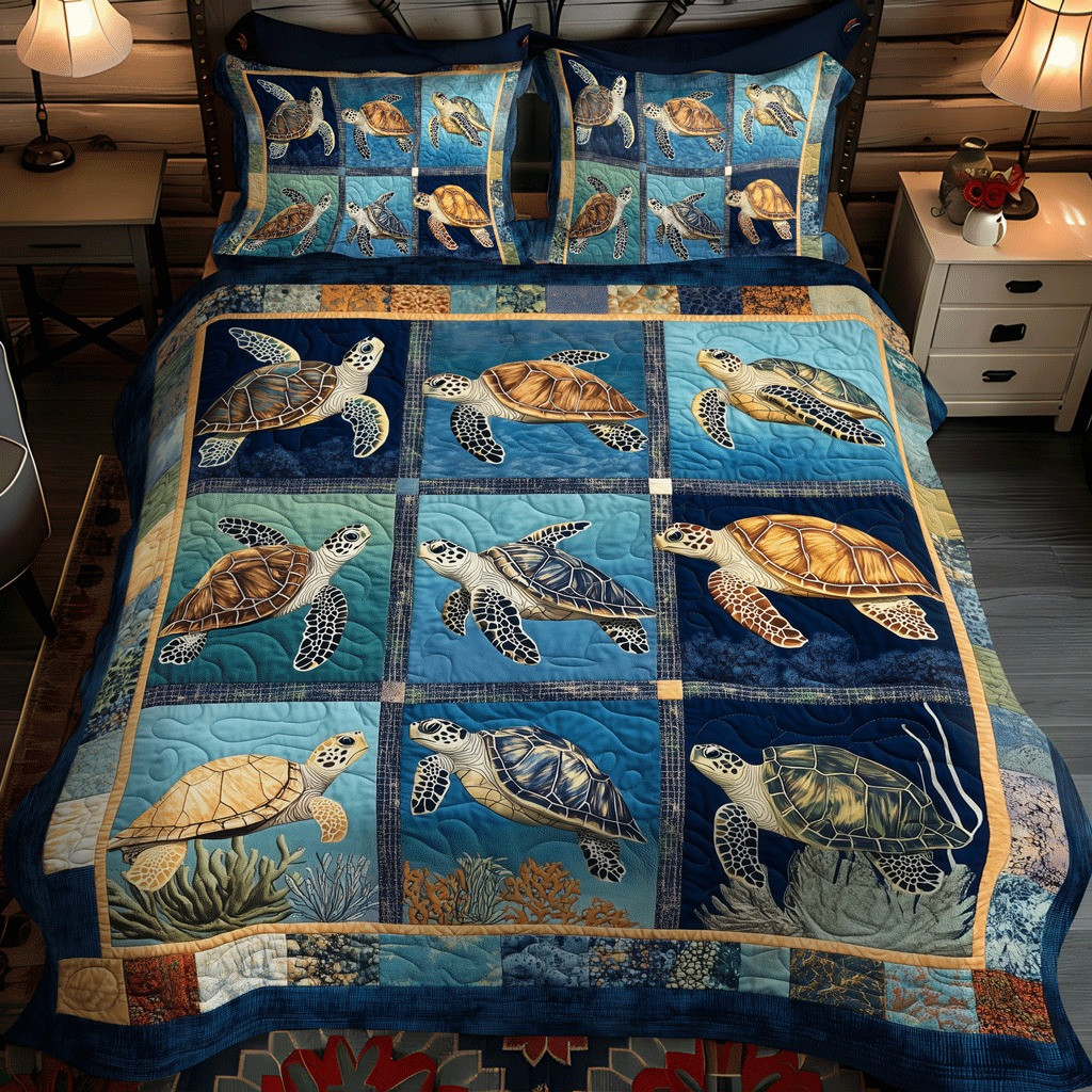 Sea Turtle Coastal Harmony Quilted Bedding Set Ocean Themed Bed Sheet Set Home Decor Gifts