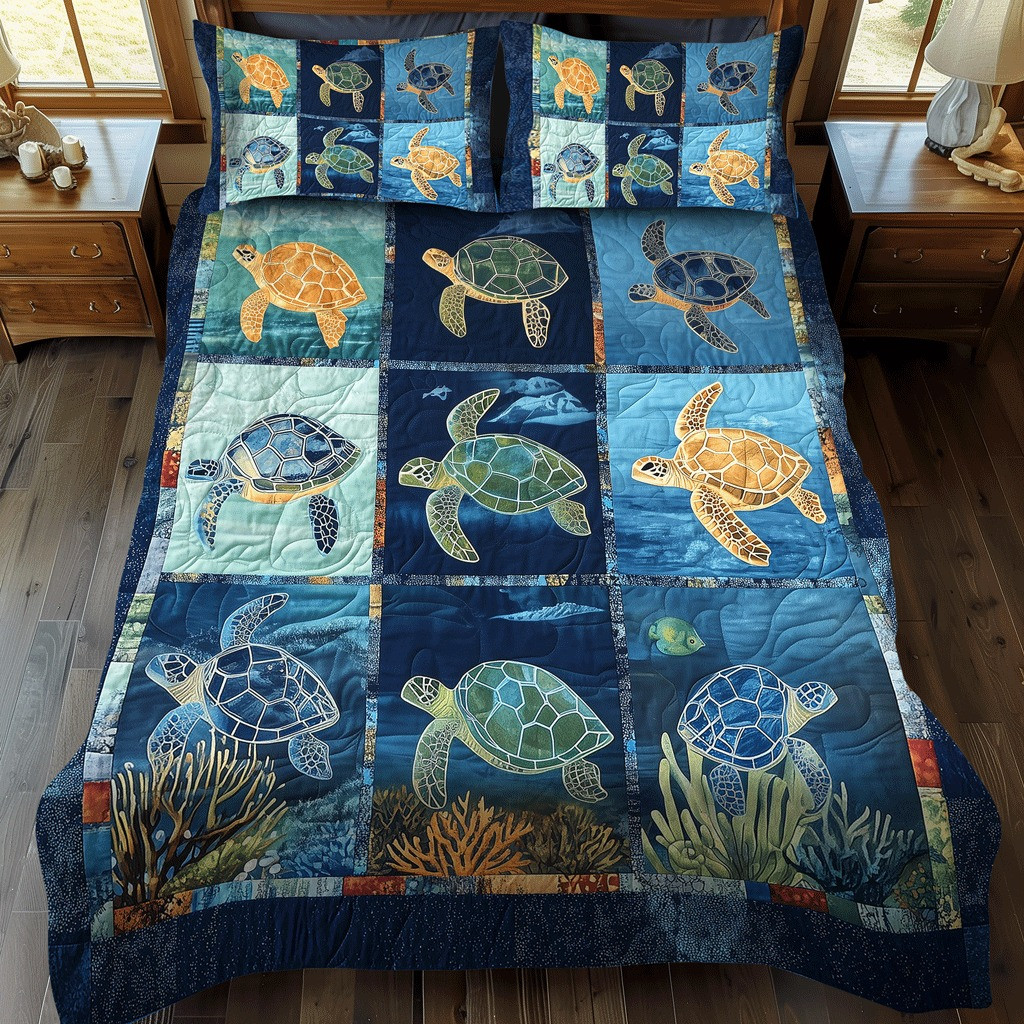 Sea Turtle Quilted Bedding Set Ocean Peace Bedspread Set Present For Sea Turtle Lovers