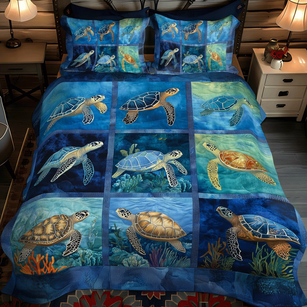 Sea Turtle Quilted Bedding Set Ocean Voyage Bed Sheet Set Gifts For Sea Turtle Lovers