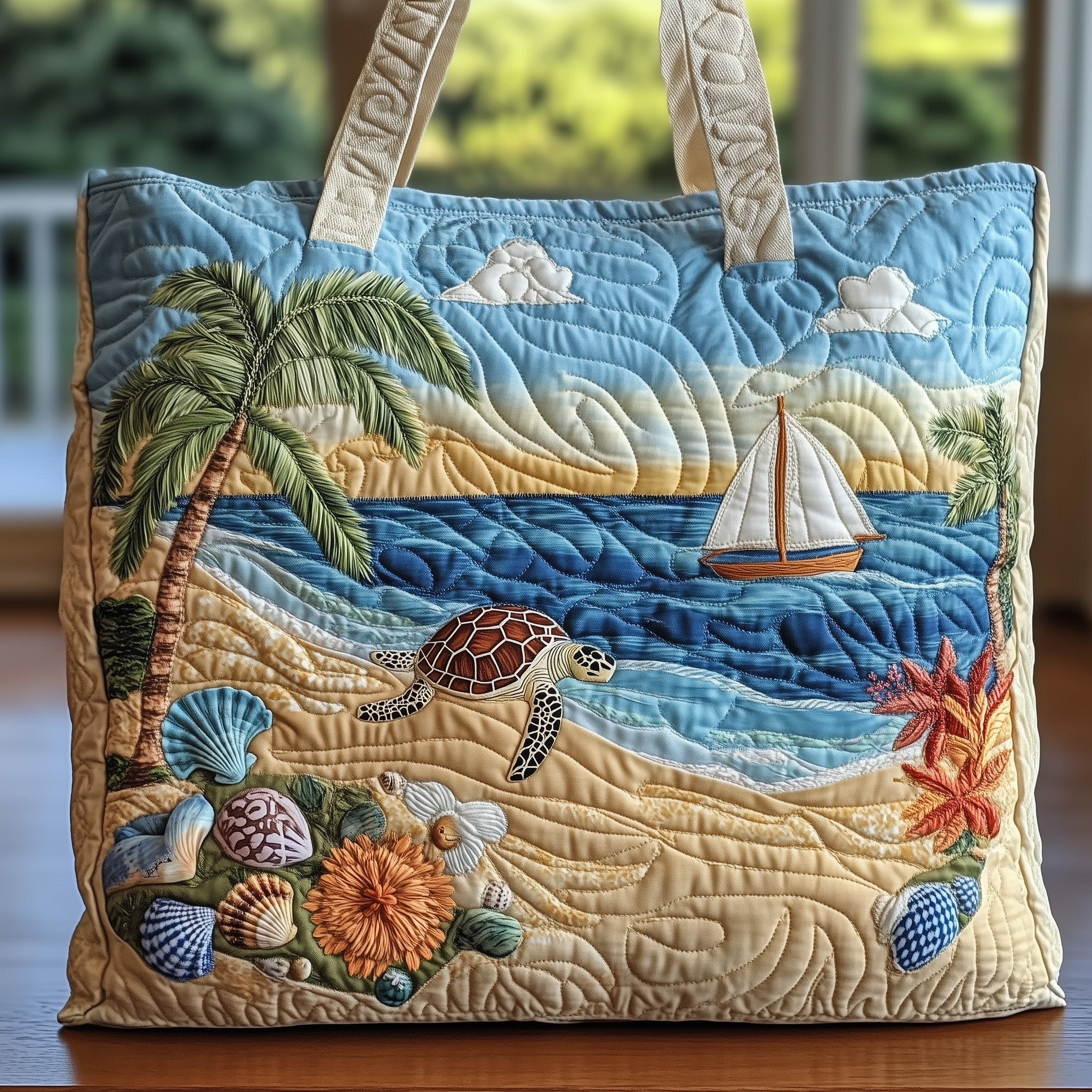 Sea Turtle Quilted Tote Bag Tropical Island Shoulder Bag For Women Sea Turtle Themed Gifts