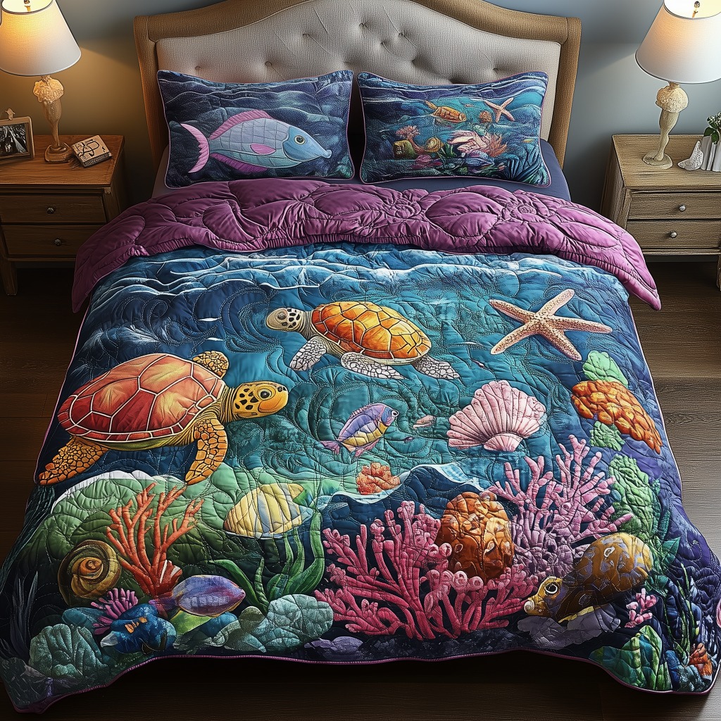 Sea Turtle Themed Quilted Bedding Set Underwater Scenes Duvet Cover Sets Gifts For Wife