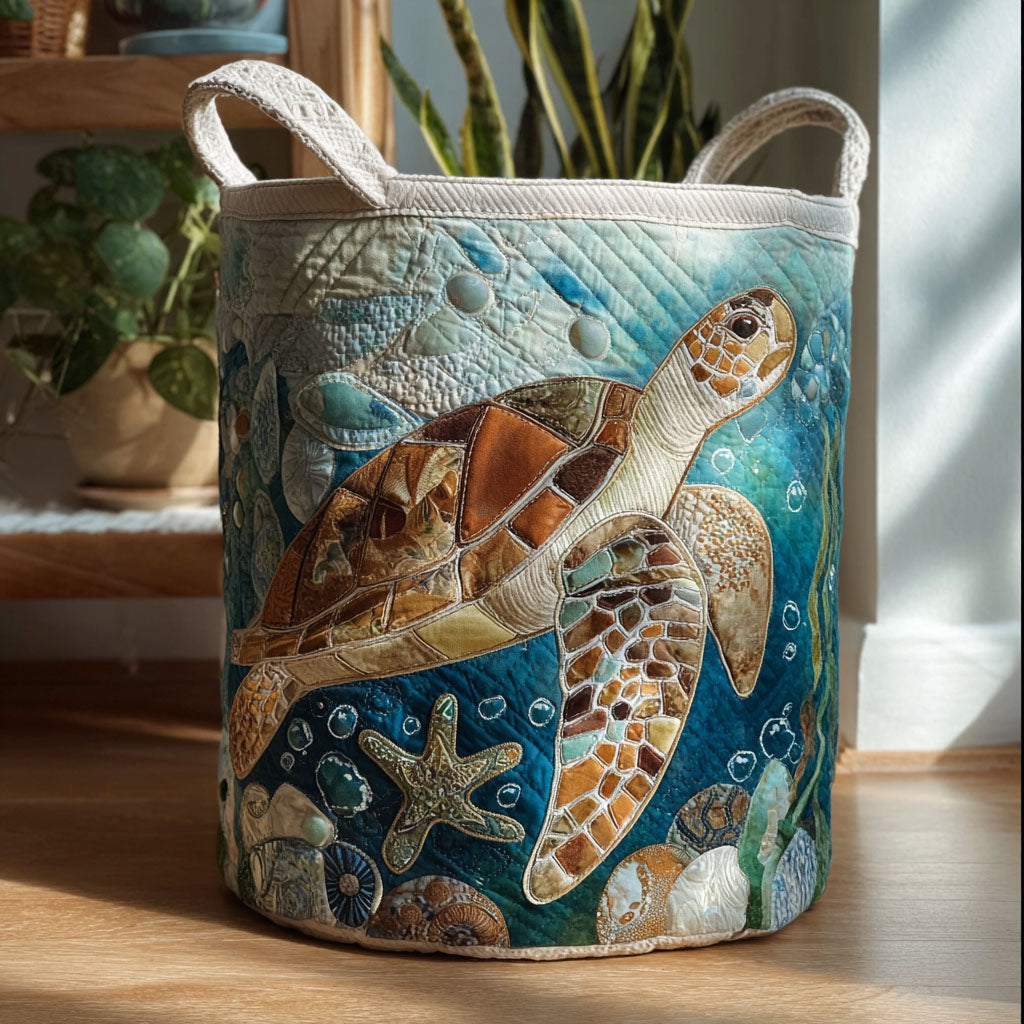 Sea Turtle Wanderer Quilted Laundry Basket Fabric Clothes Hamper Gifts For A Turtle Lover