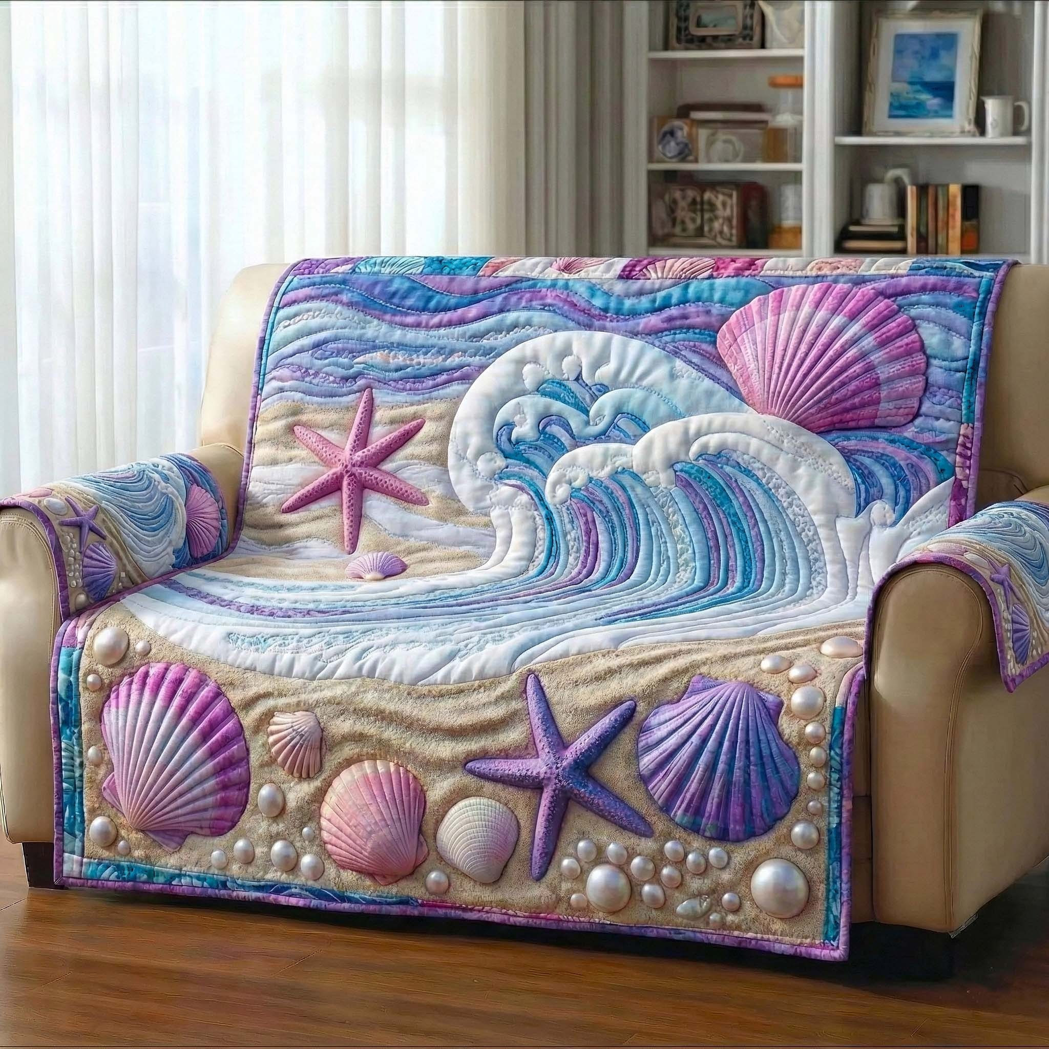 Seashell And Starfish Quilted Sofa Cover Ocean Themed Pastel Sofa Couch Cover Home Decor