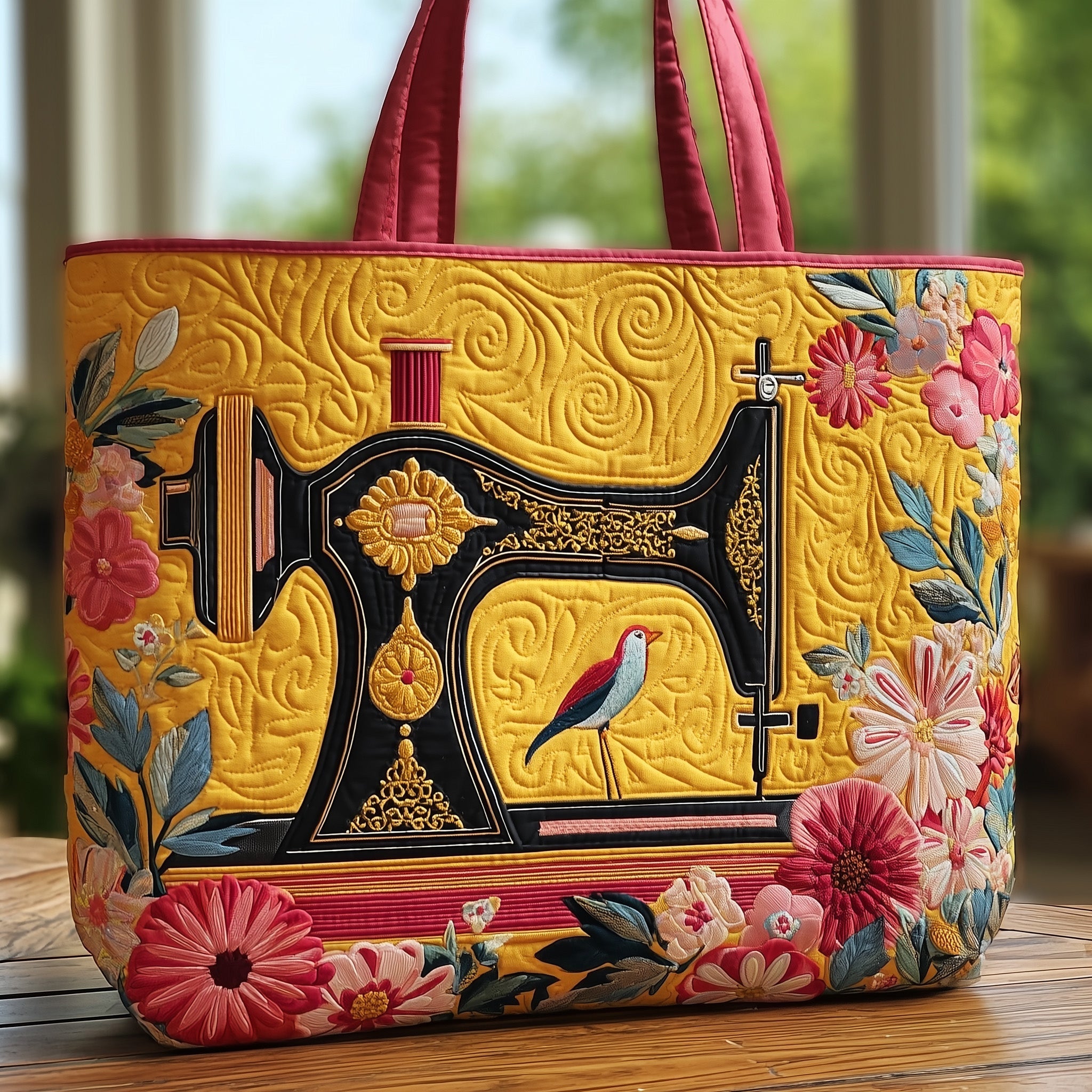 Sewing Machine Quilted Tote Bag Artistic Floral Handbag Gifts For Women Who Sew