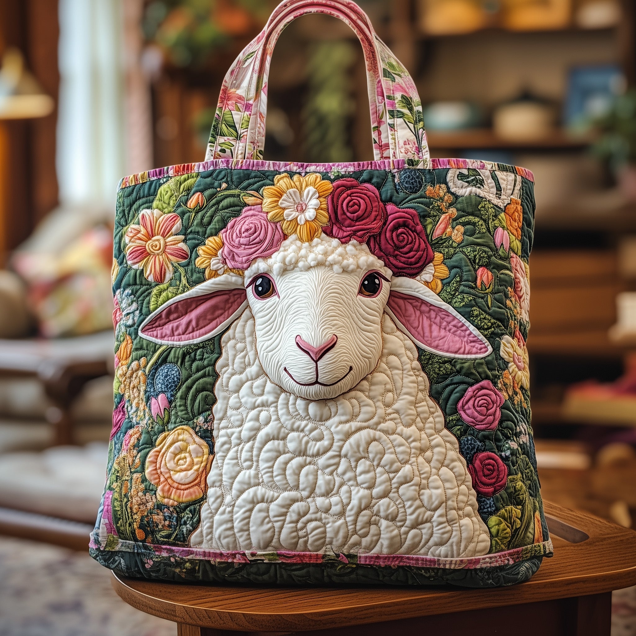 Sheep Quilted Tote Bag Colorful Floral Shoulder Bag For Women Gifts With Sheep On Them
