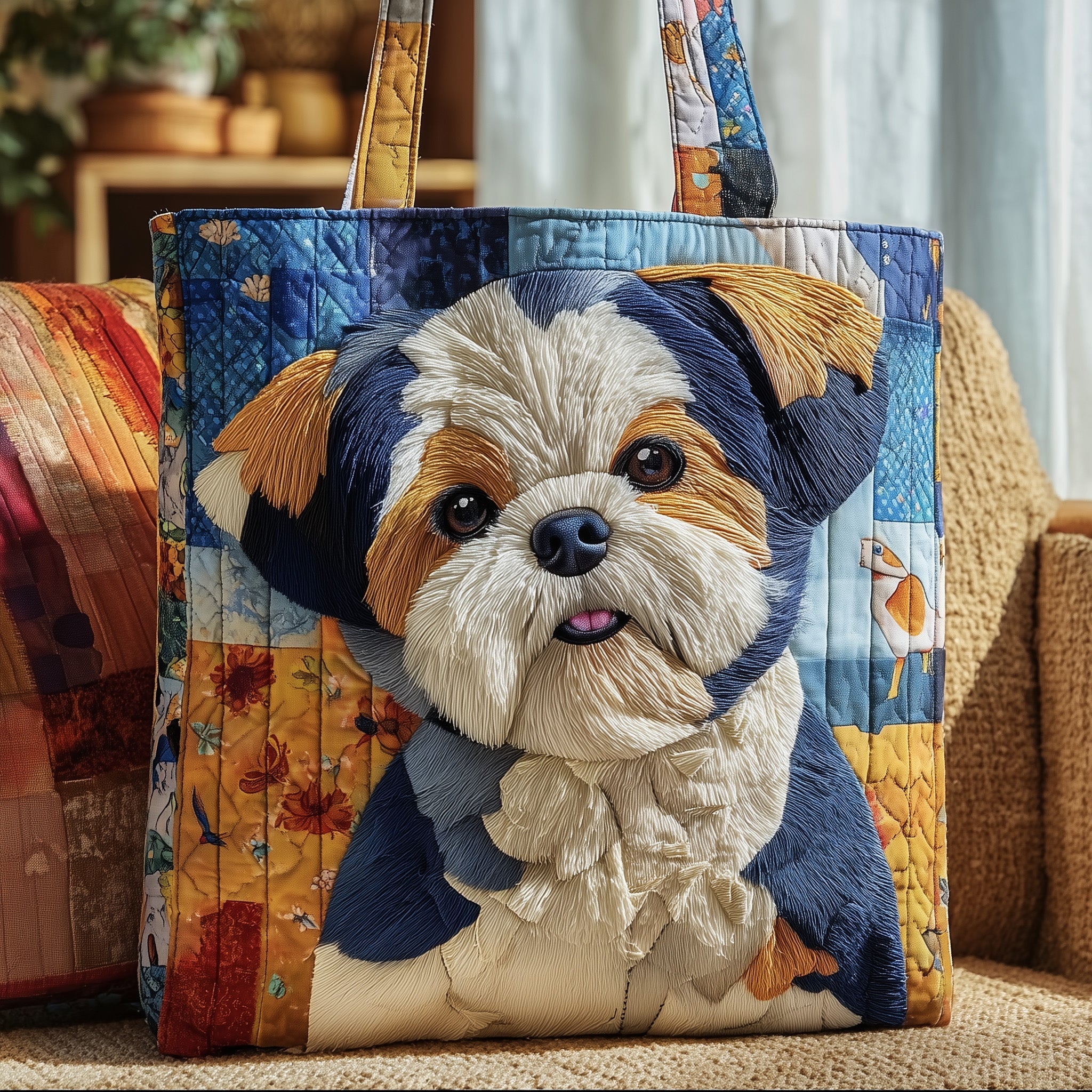 Shih Tzu Patchwork Quilted Tote Bag Adorable Animal Handbag Best Gifts For Dog Lovers