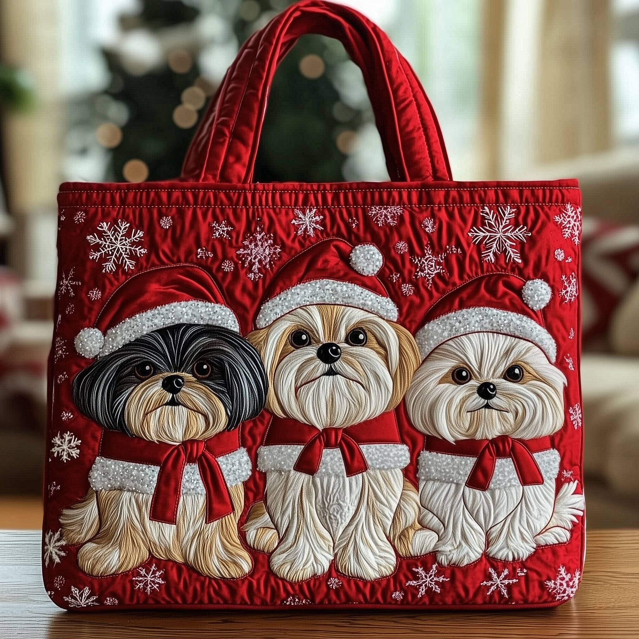 Shih Tzu Quilted Tote Bag Christmas Themed Travel Tote Bag Holiday Gifts For Dog Lovers
