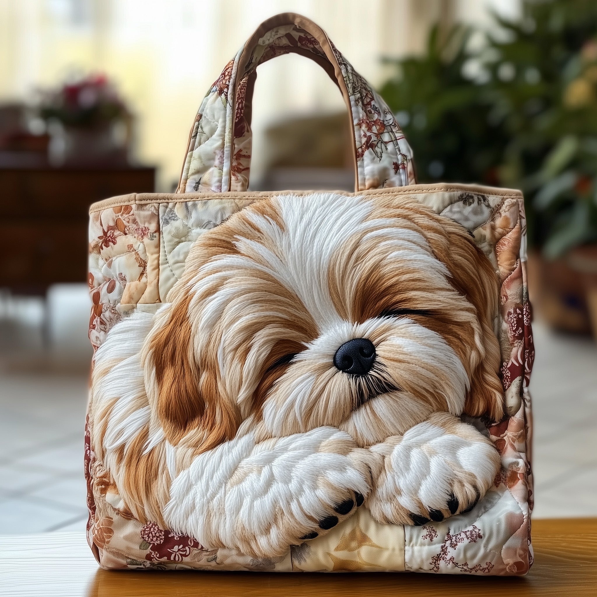 Shih Tzu Quilted Tote Bag Cute Dog Sleeping Shoulder Bag For Women Gifts For Shih Tzu Lovers