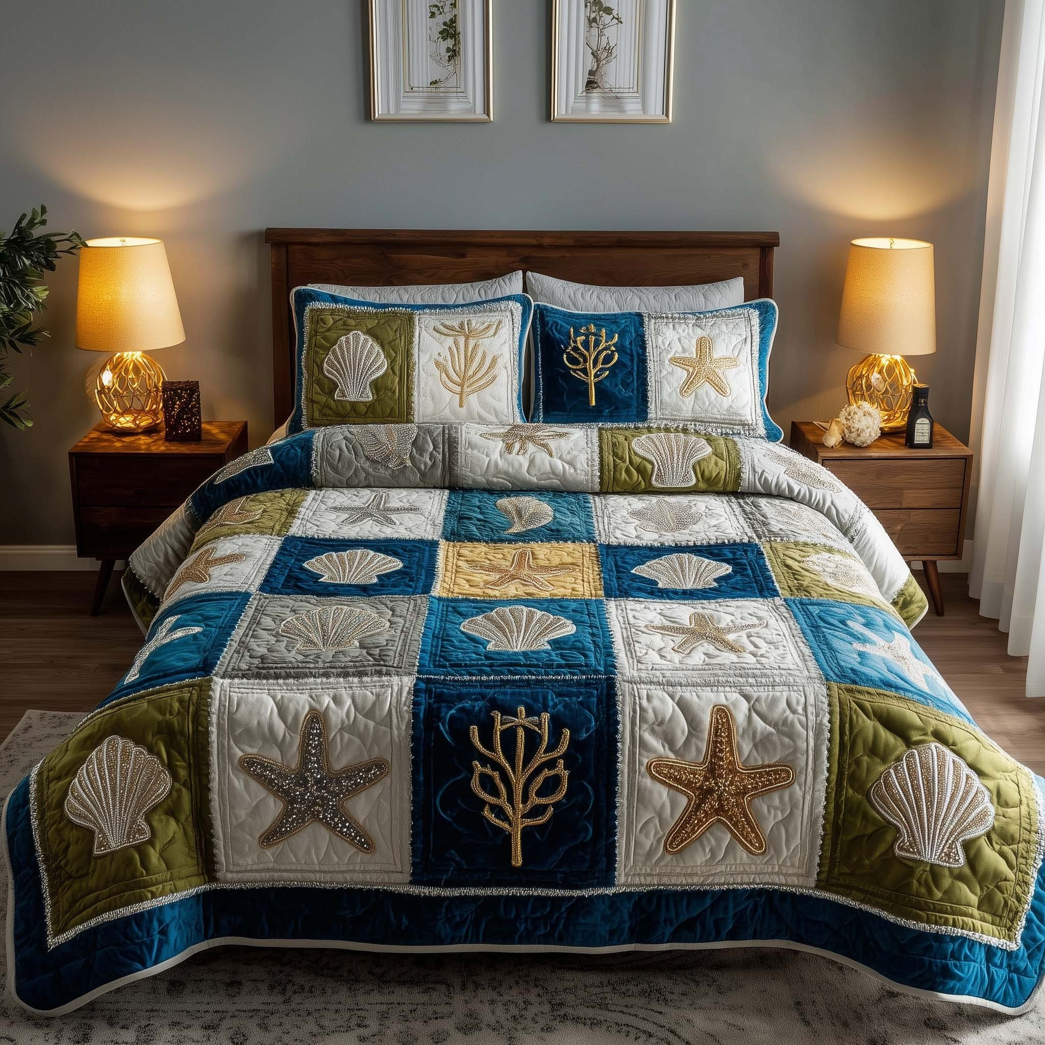 Shoreline Gems Quilted Bedding Set Patchwork Ocean Themed Duvet Cover Set Bedroom Decor