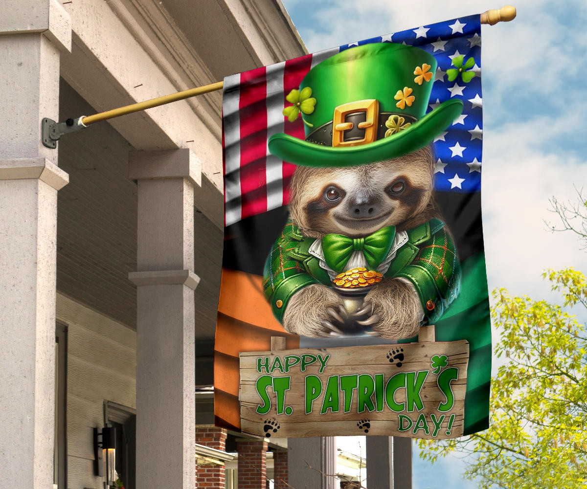 Sloth Saint Patrick's Day Welcome American And Ireland Flag Funny Sloth St Patrick's Day Flag - Image 3