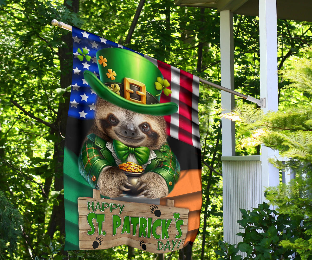 Sloth Saint Patrick's Day Welcome American And Ireland Flag Funny Sloth St Patrick's Day Flag - Image 9