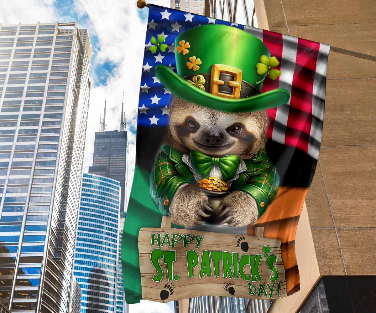 Sloth Saint Patrick's Day Welcome American And Ireland Flag Funny Sloth St Patrick's Day Flag - Image 7