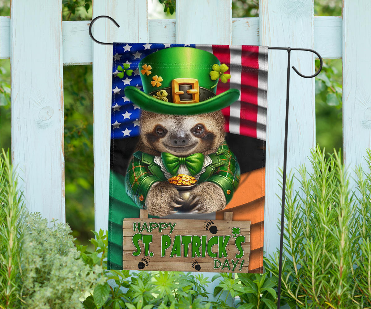 Sloth Saint Patrick's Day Welcome American And Ireland Flag Funny Sloth St Patrick's Day Flag - Image 2