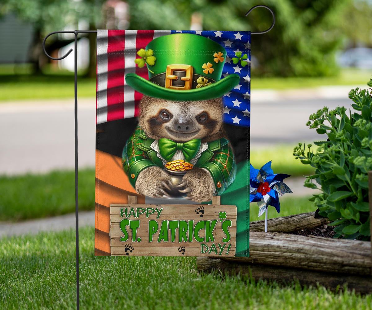 Sloth Saint Patrick's Day Welcome American And Ireland Flag Funny Sloth St Patrick's Day Flag - Image 5