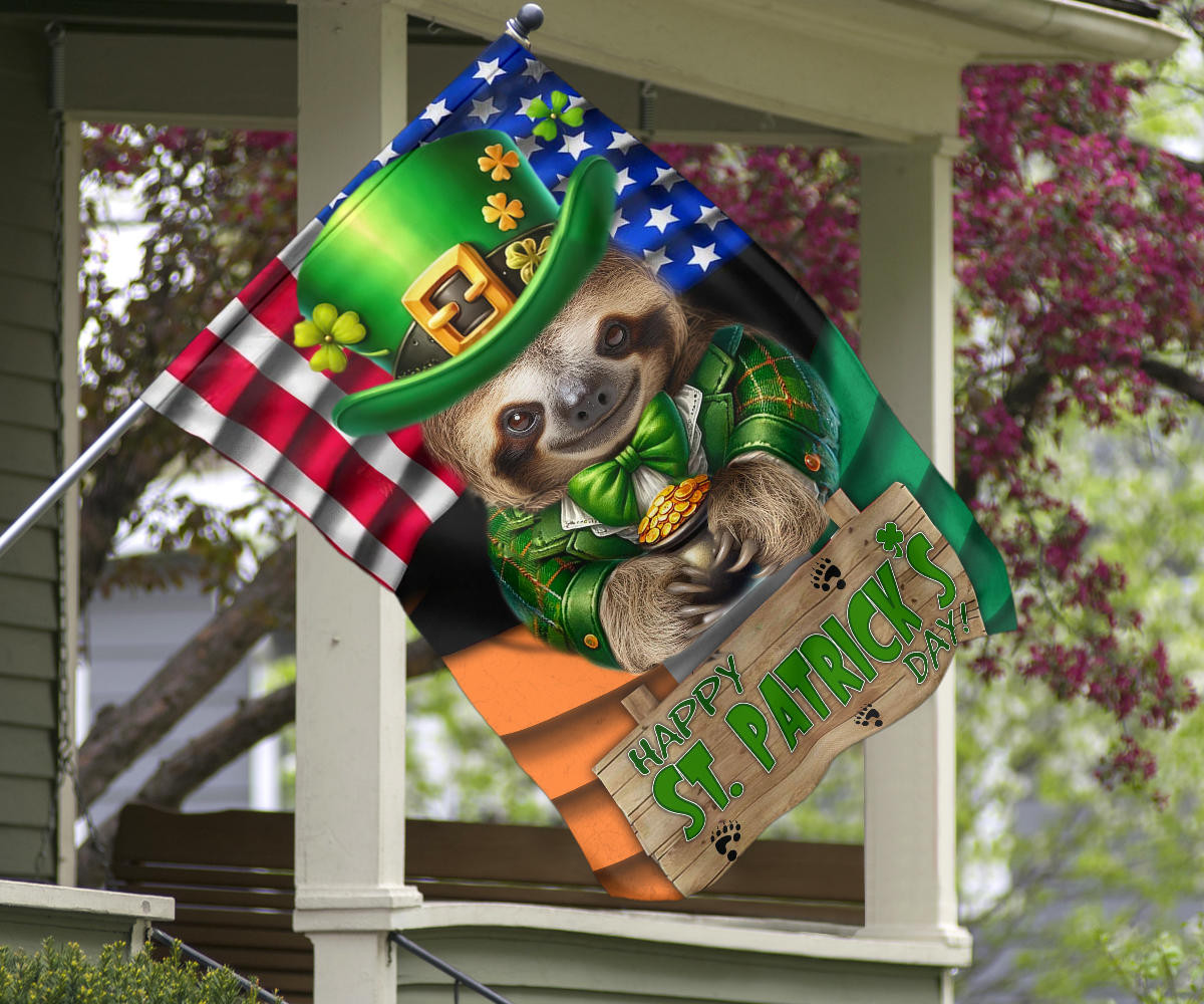 Sloth Saint Patrick's Day Welcome American And Ireland Flag Funny Sloth St Patrick's Day Flag - Image 8