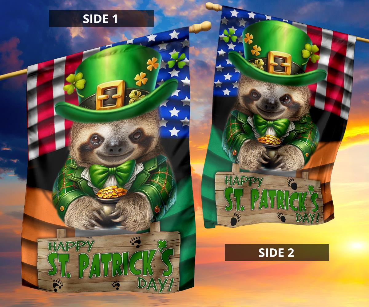 Sloth Saint Patrick's Day Welcome American And Ireland Flag Funny Sloth St Patrick's Day Flag - Image 10