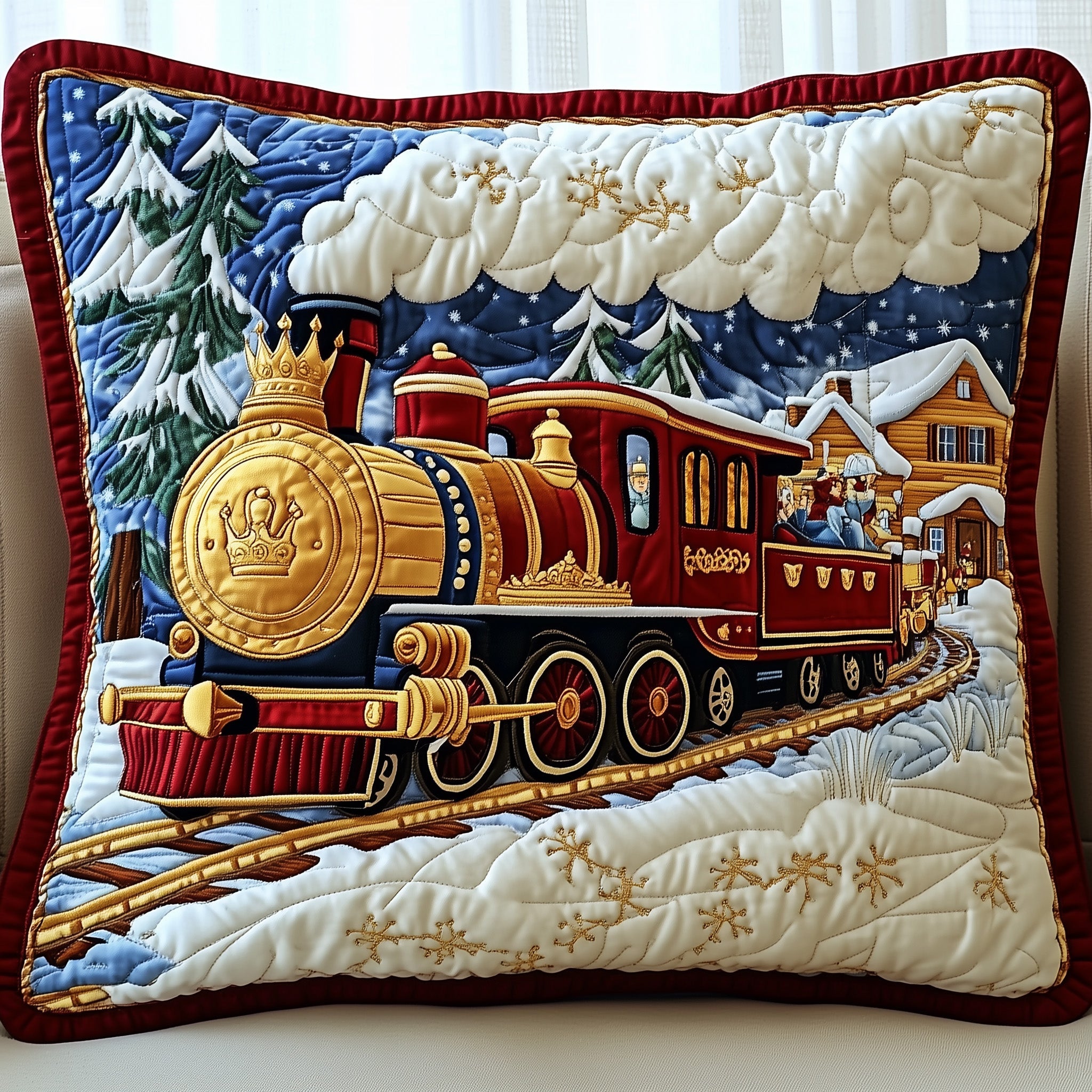 Snowbound Majestic Quilted Pillow Case Square Pillow Cushion CoverGifts For People Who Like Trains