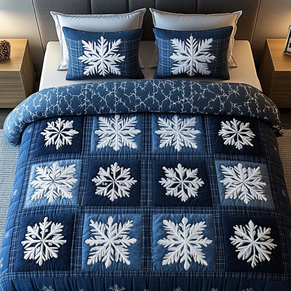 Snowflake Arctic Patchwork Quilted Bedding Set  Winter Themed Bedspread Set Gifts For Family