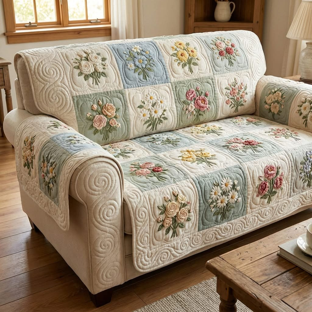 Soft Garden Quilted Sofa Cover Elegant Floral Patchwork Couch Covers Home Decor