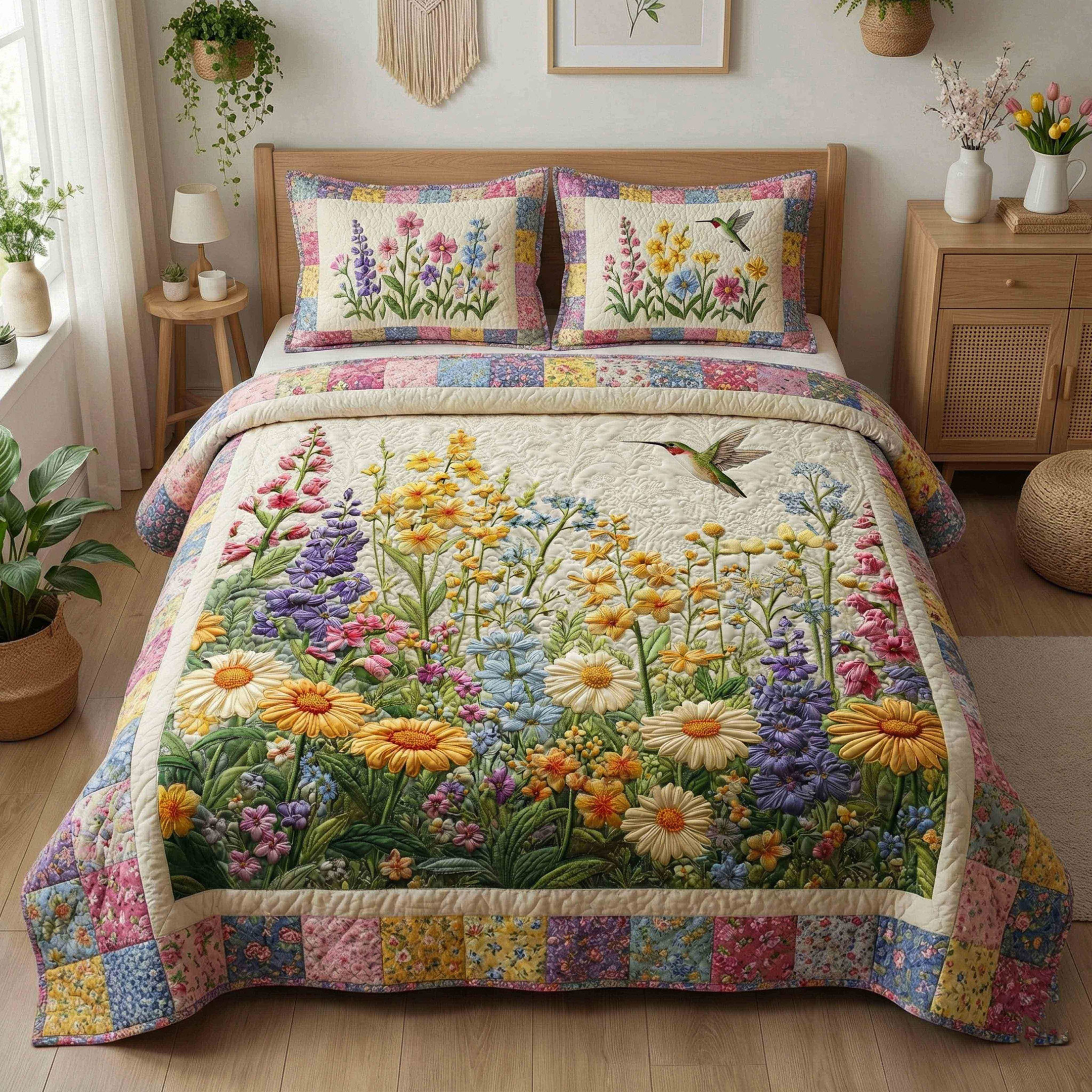 Spring Meadow Bloom Quilted Bedding Set Pastel Floral Bedroom Decor Best Gifts For Wife