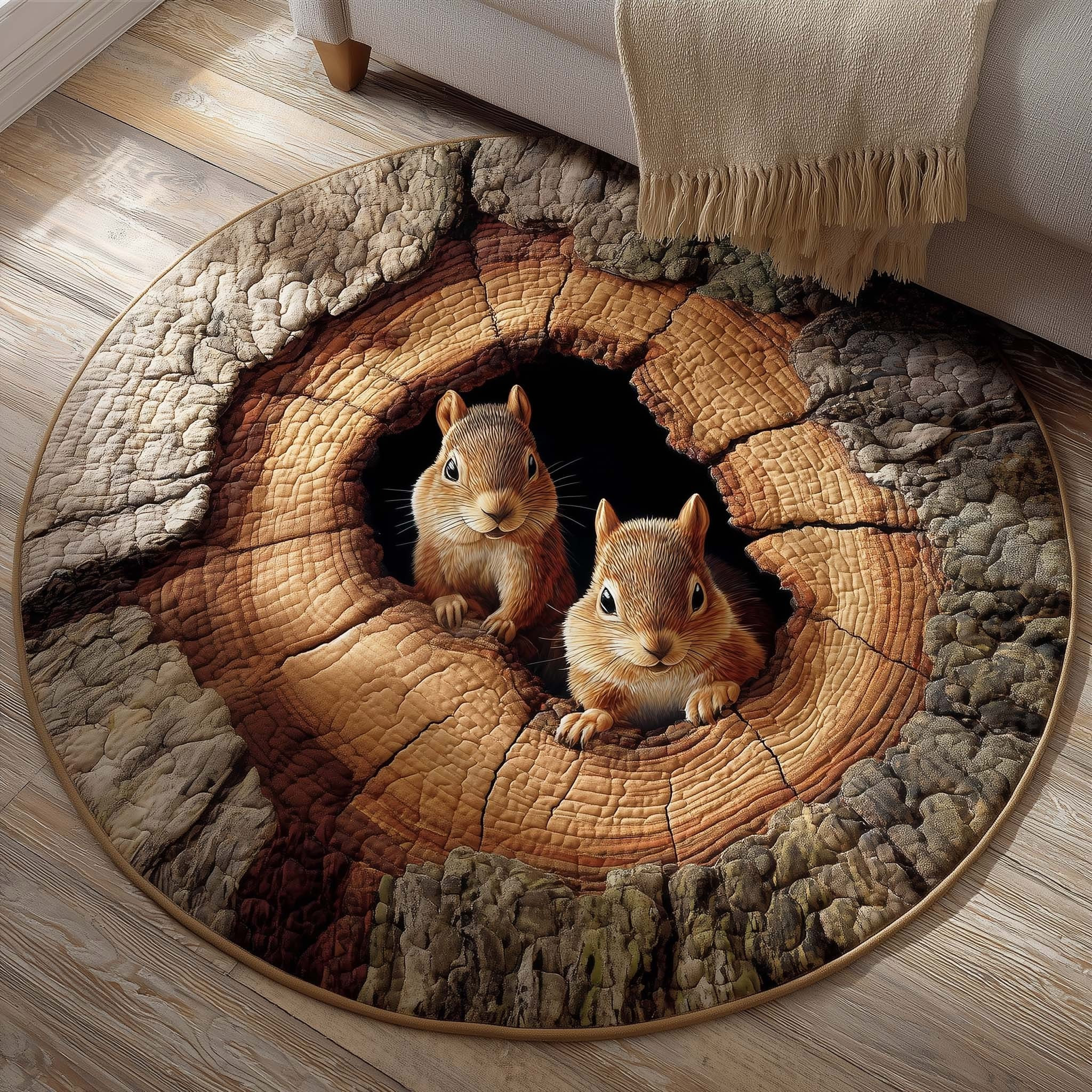 Squirrel Illusion Quilted Round Mat Cute Woodland Floor Rug Decor Gifts For Squirrel Lovers