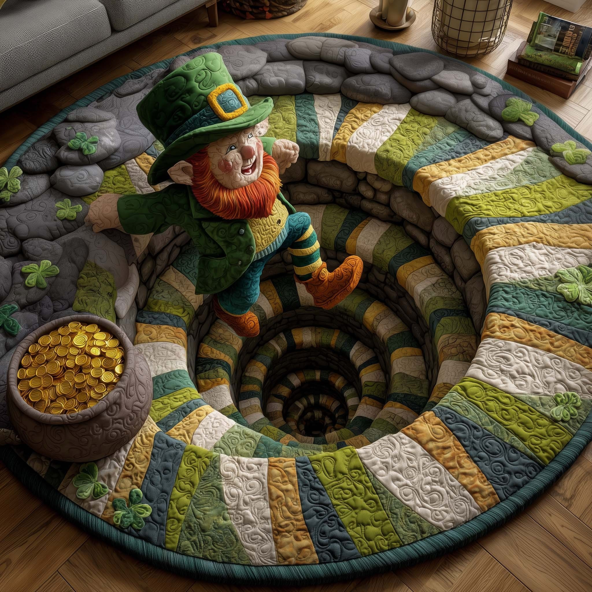 St Patrick's Day Quilted Round Mat Leprechaun Round Rugs Irish Holiday Home Decor