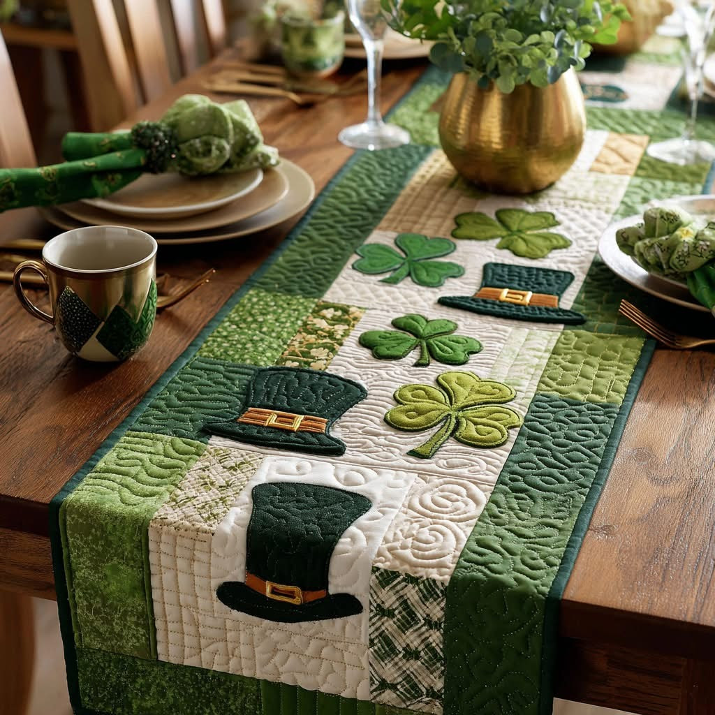 St Patrick's Day Quilted Table Runner Shamrock Leprechaun Table Dining Decor Gifts For Irish