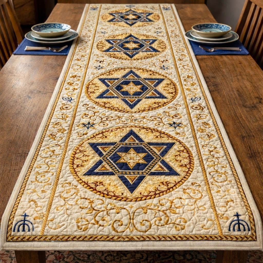Star Of David Medallion Quilted Table Runner Hanukkah Table Decor Gifts For Jewish