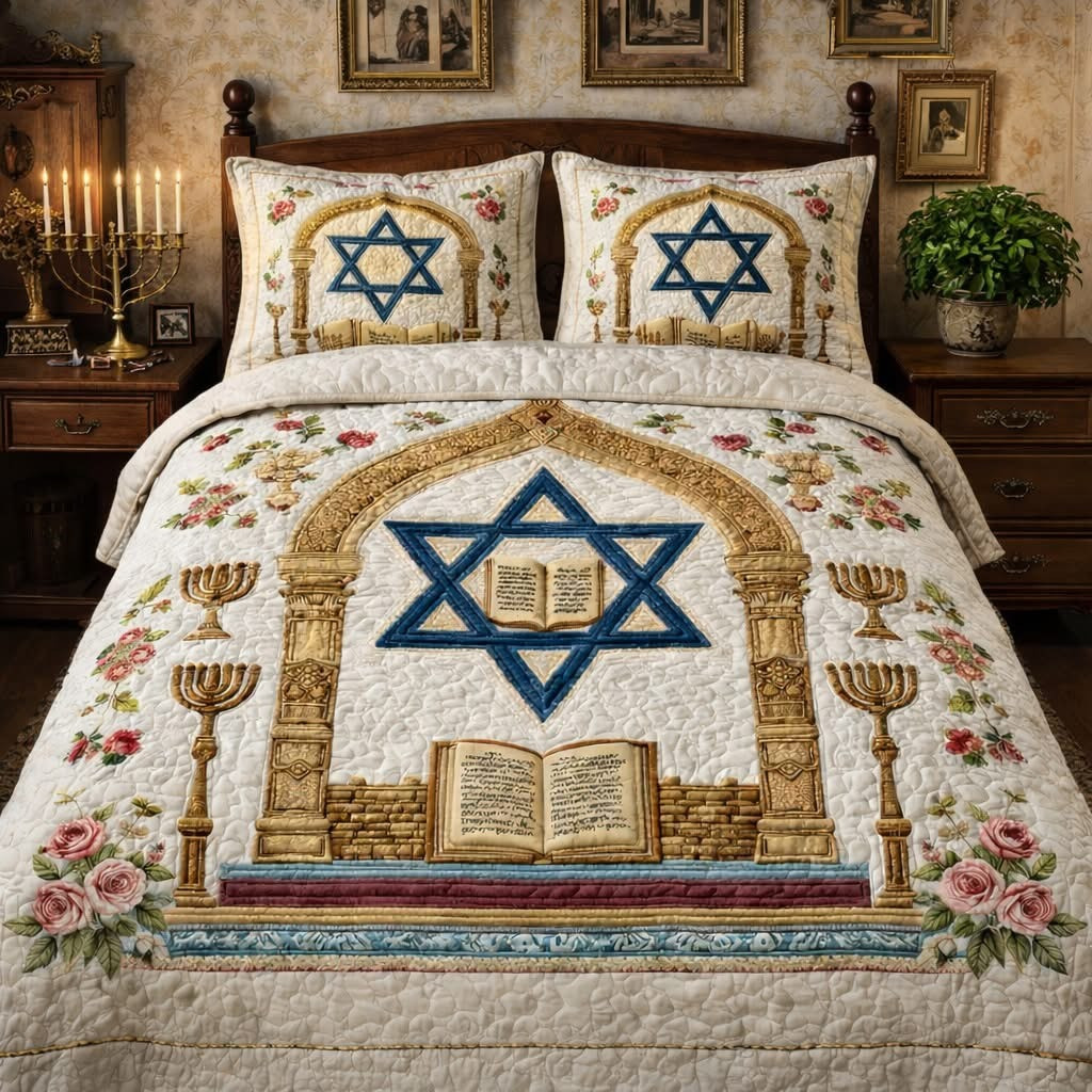 Star Of David Quilted Bedding Set Sacred Arch Duvet Cover Set Best Gifts For Jewish