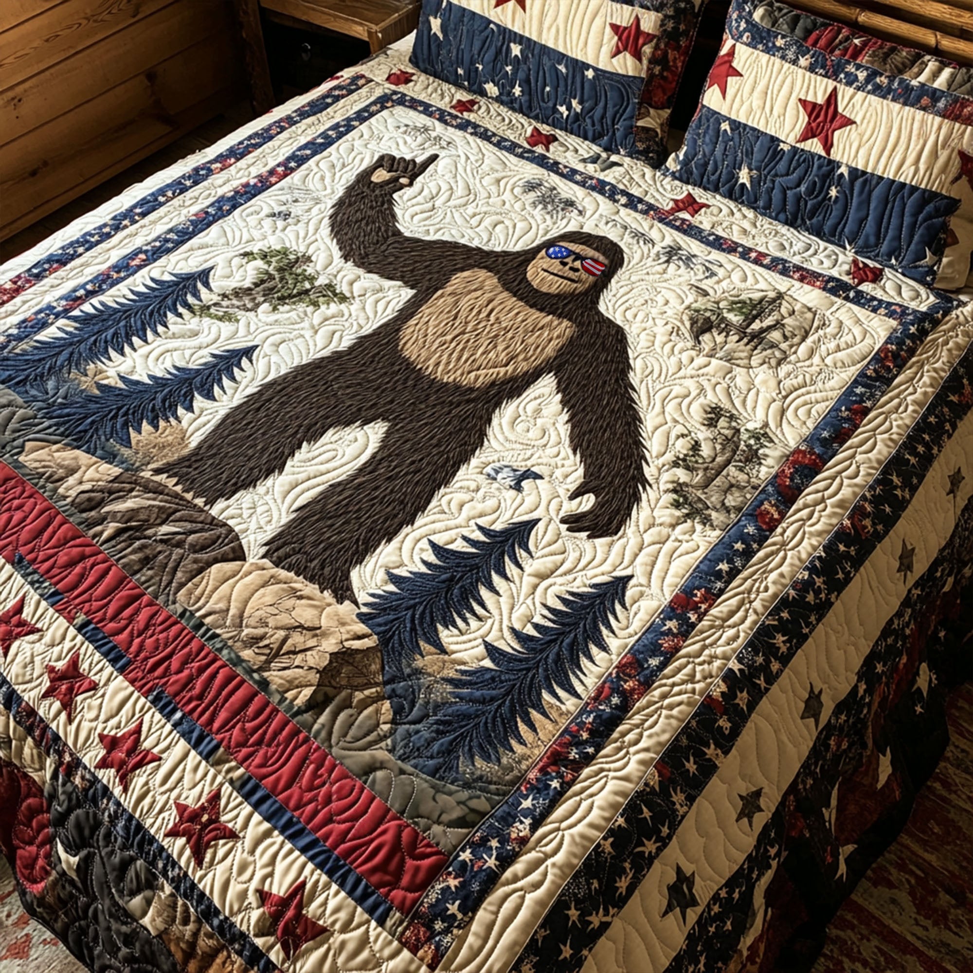 Stars and Stripes Sasquatch Quilted Bedding Set Aesthetic Room Decor Sasquatch Themed Gifts
