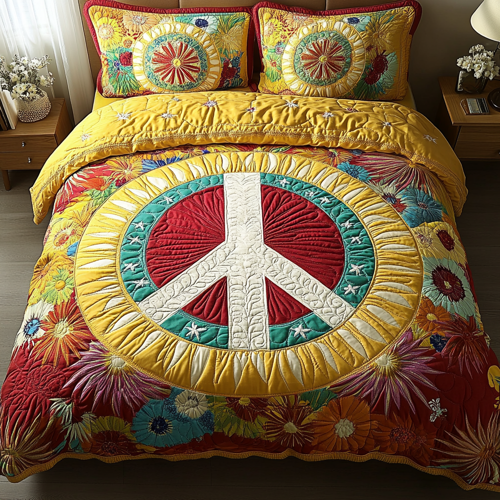 Sunburst Peace Quilted Bedding Set Duvet Cover Bed Sheet Set Christmas Gift Ideas For Hippies