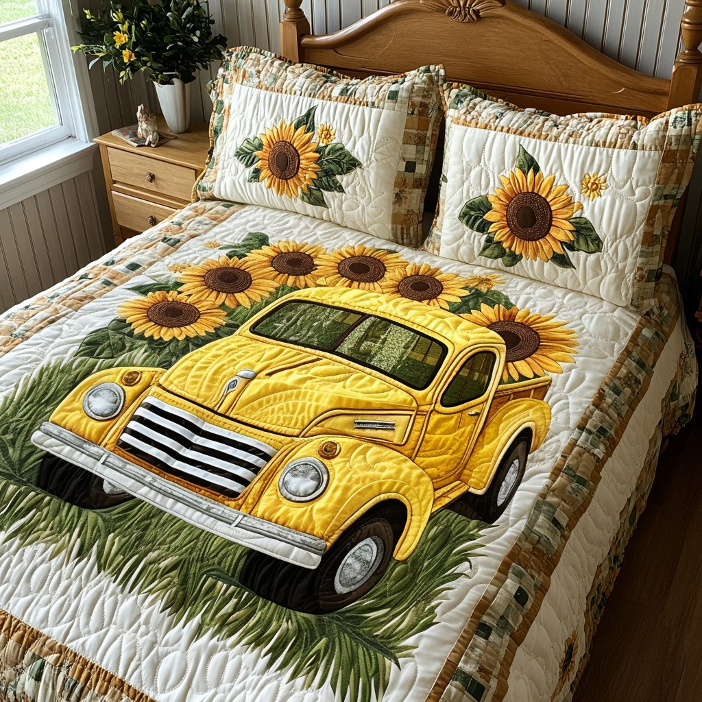 Sunflower Harvest Quilted Bedding Set Truck Floral Bed Sheet Set Gifts For Sunflower Lovers