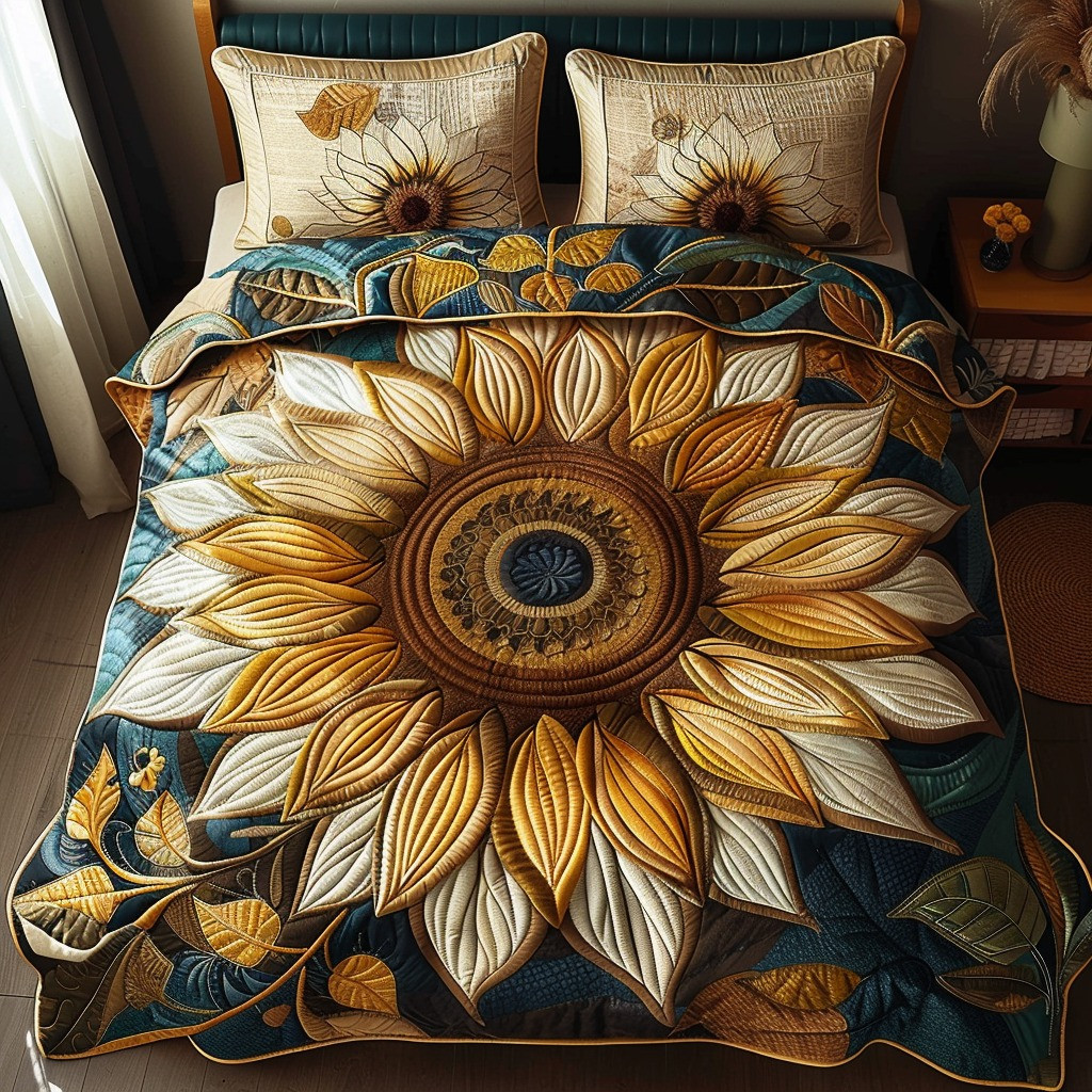 Sunflower Luxury Quilted Bedding Set Golden Flower Petal Bed Sheet Set Bedroom Decor