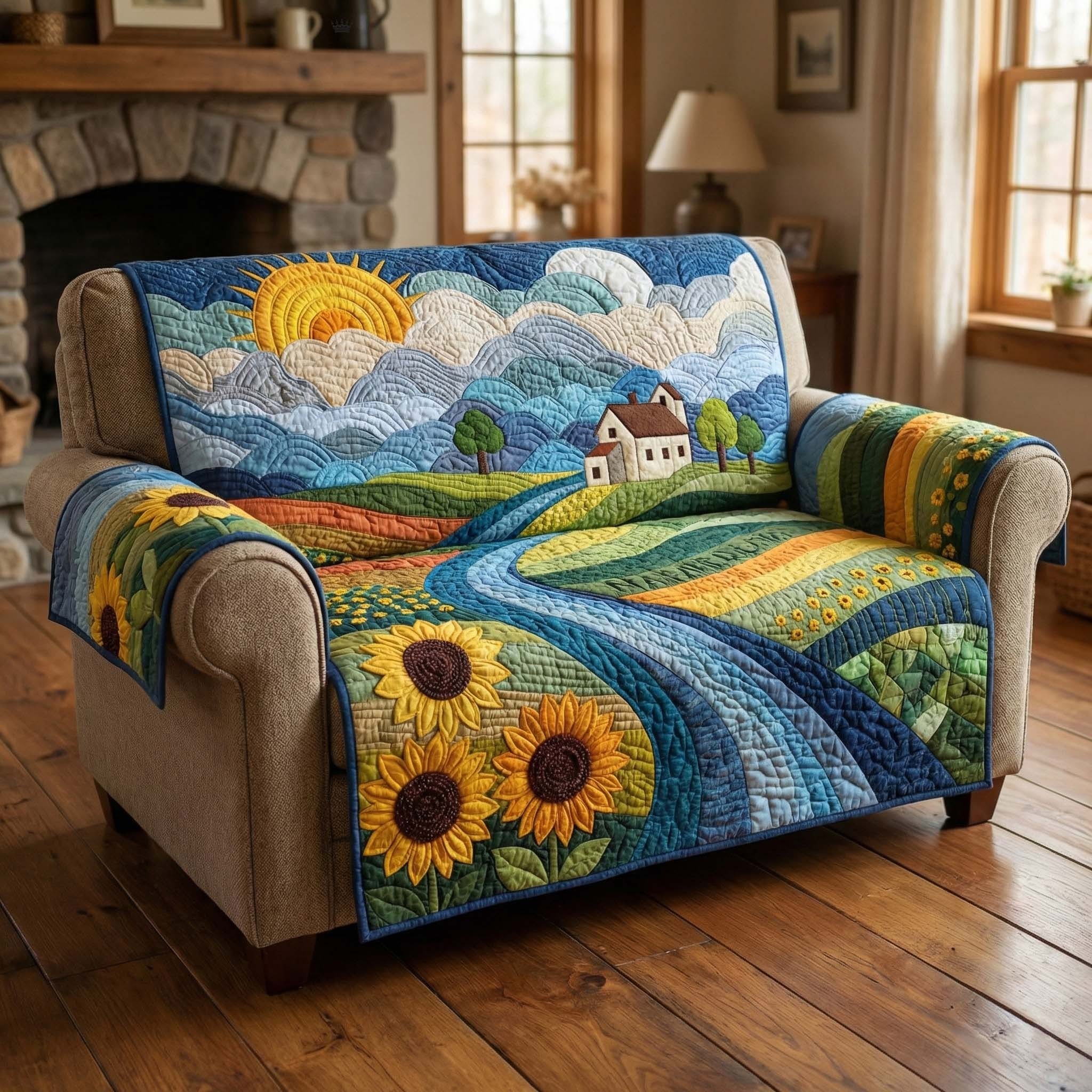 Sunflower Valley Quilted Sofa Cover Country Landscape Couch Covers Sunflower Gifts Items