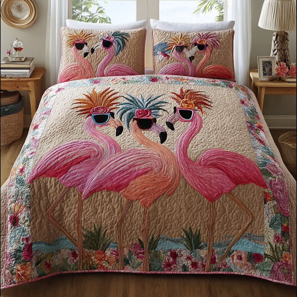 Sunny Flamingo Quilted Bedding Set Bedroom Decorations Flamingo Gifts For Her