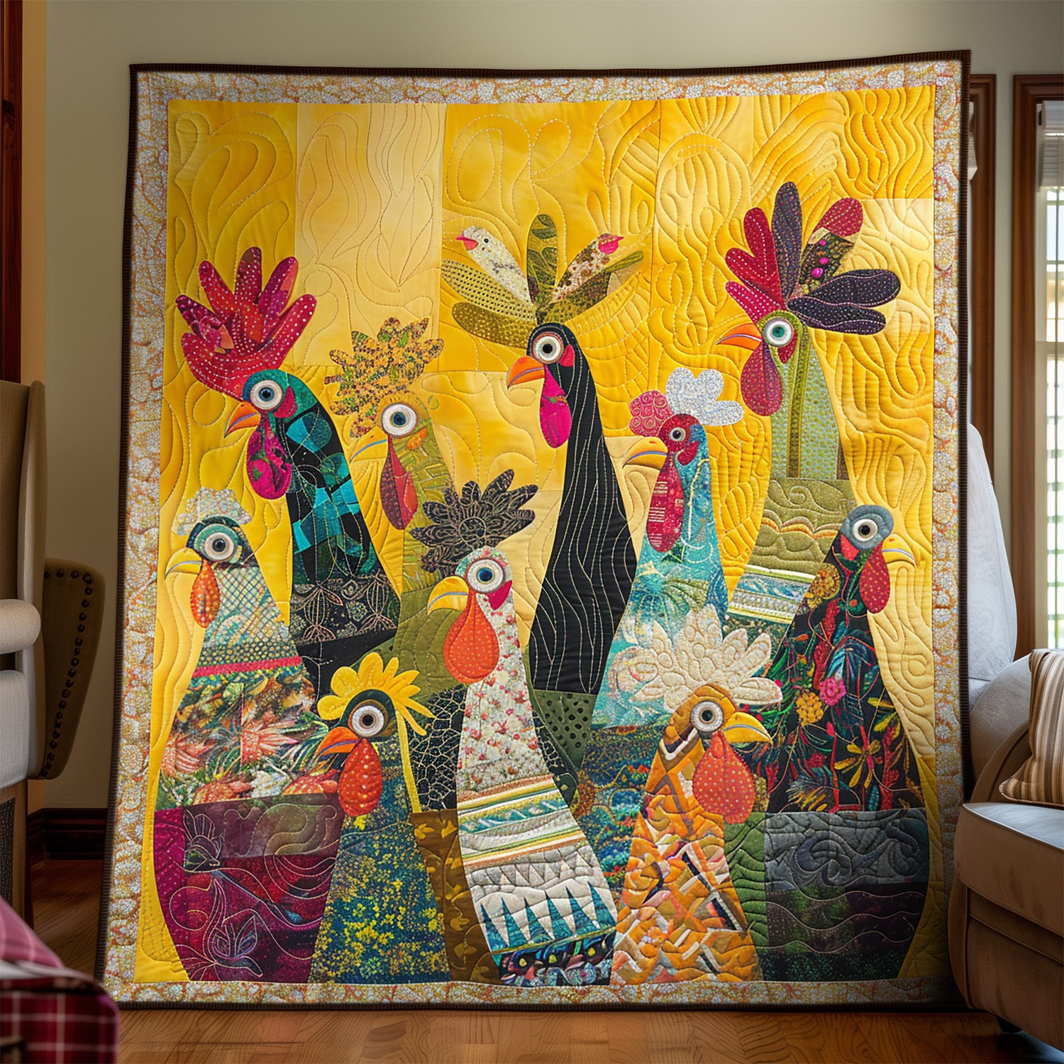 Sunrise Roosters Quilted Blanket Whimsical Chicken Throw Blanket Gifts For Mother