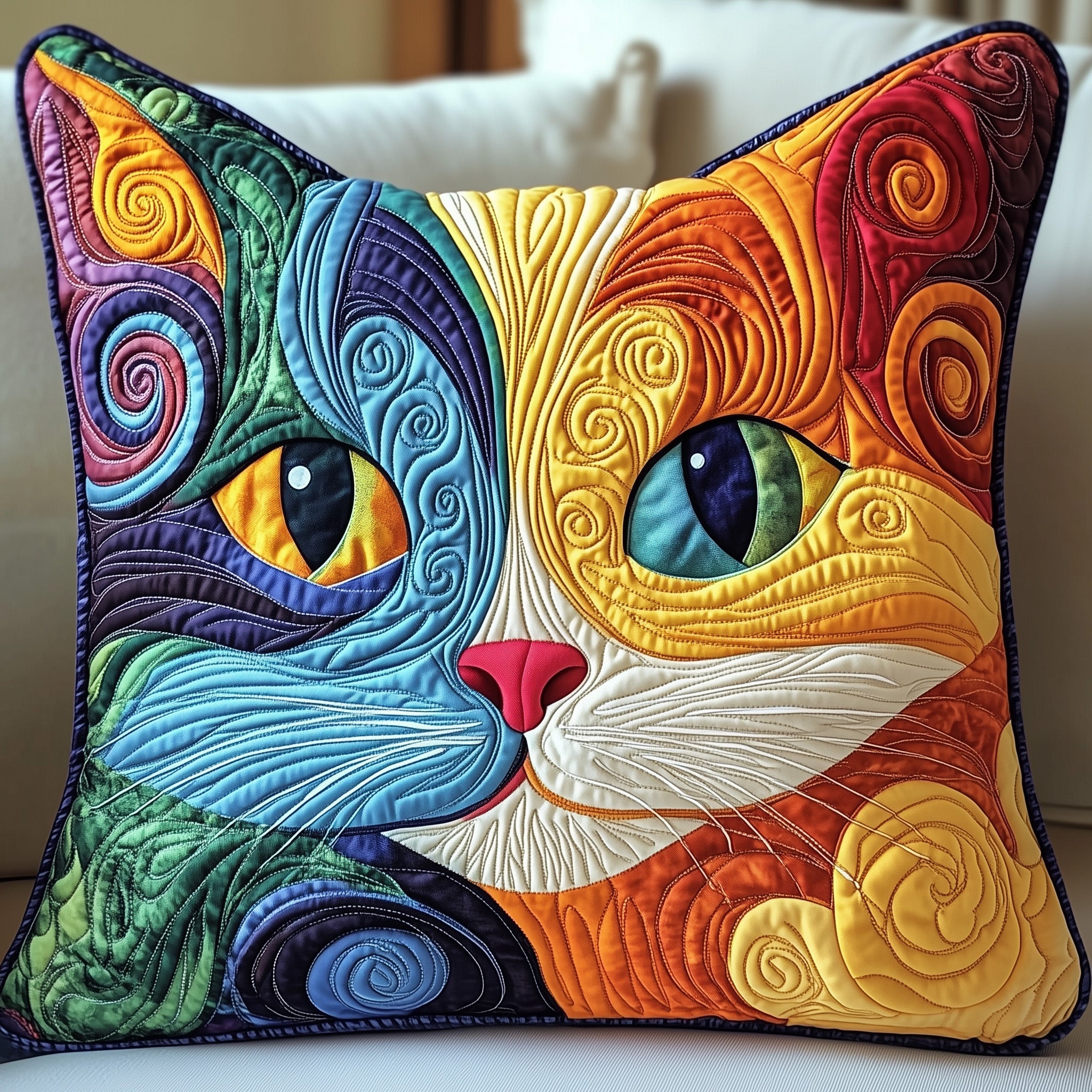 Swirly Cat Quilted Pillow Case Square Pillow Cushion CoverBest Cat Presents For Women