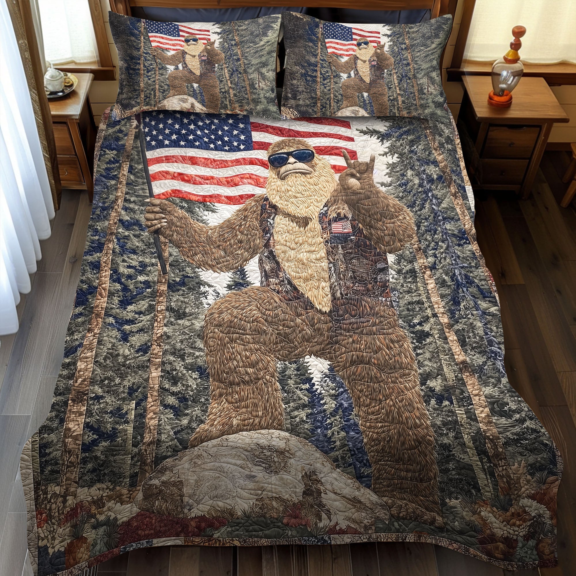 The Patriotic Footprint Quilted Bedding Set Bed Decor Bigfoot Gifts Items To Buy