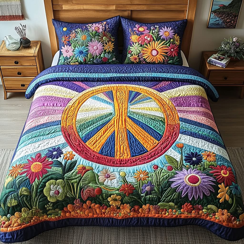 Tie Dye Dreams Quilted Bedding Set Peace Sign Floral Duvet Cover Sets Gifts For Mom