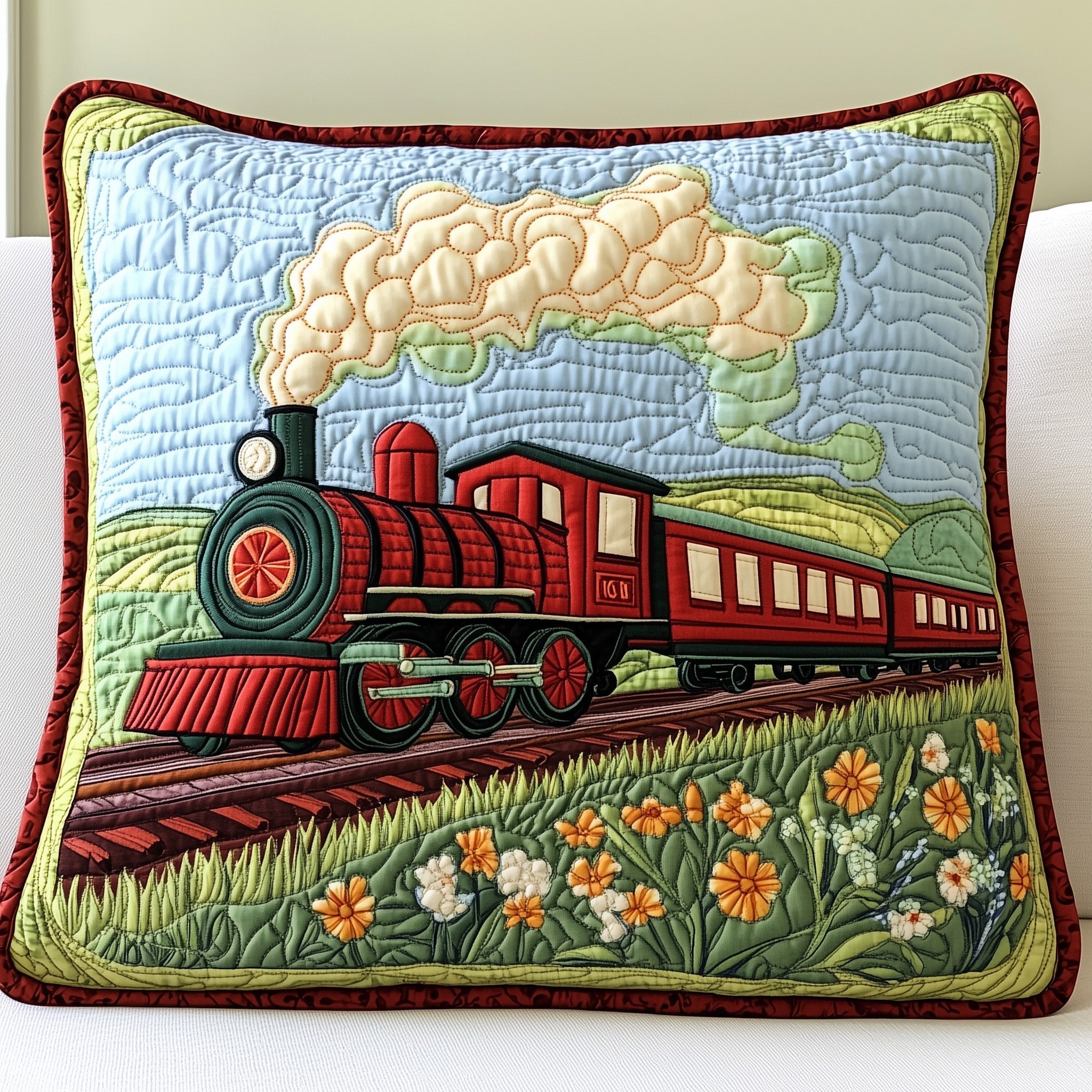 Train Quilted Pillow Case Square Pillow Cushion CoverUnique Gifts For Train Lovers
