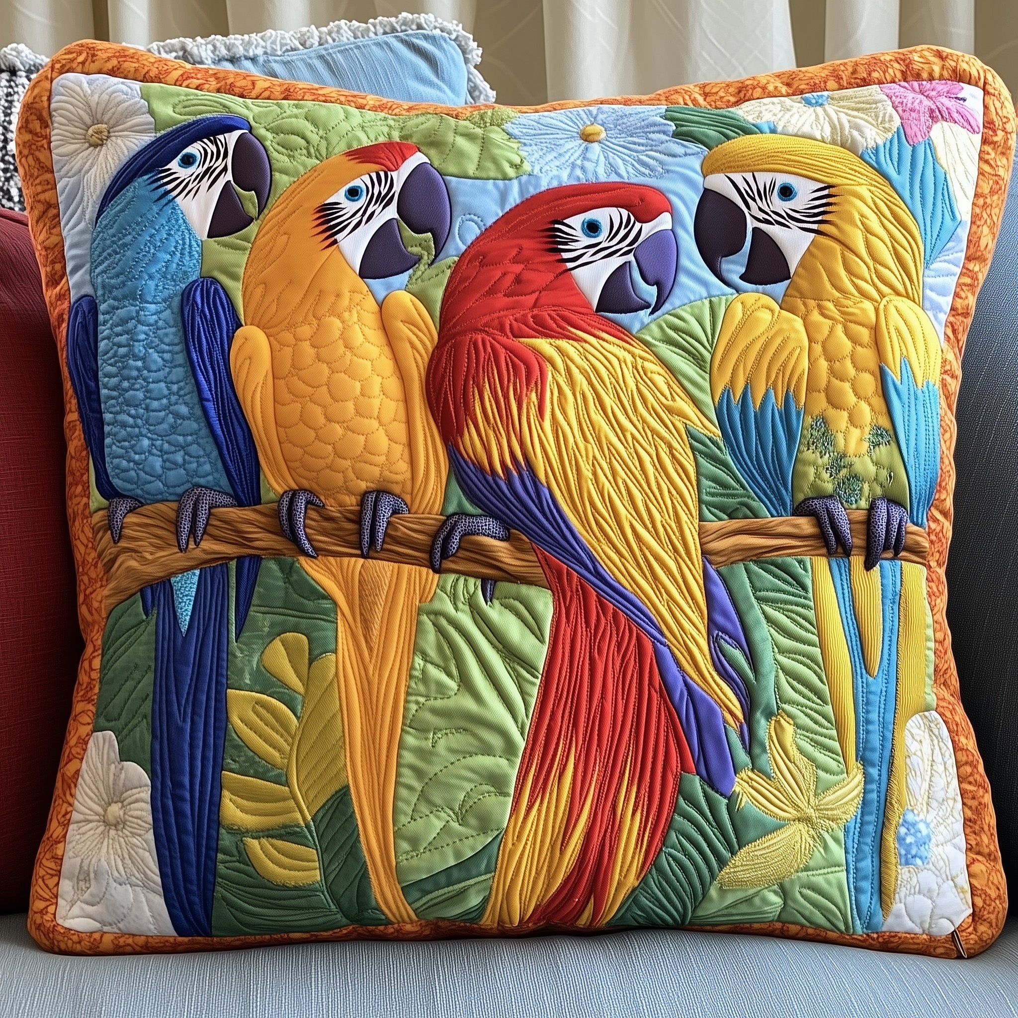 Tropical Parrot Quilted Pillow Case Square Pillow Cushion CoverBest Gifts For Parrot Lovers