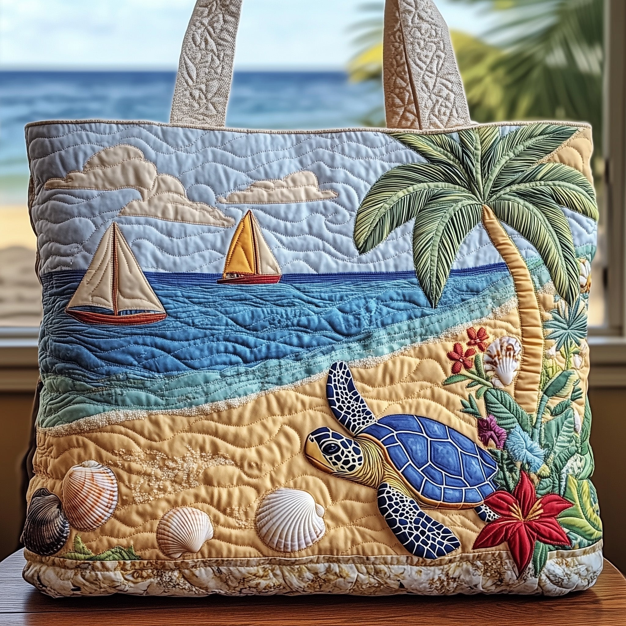 Turtle Beach Breeze Quilted Tote Bag Tropical Themed Tote Bags For Women Ocean Lovers Gifts
