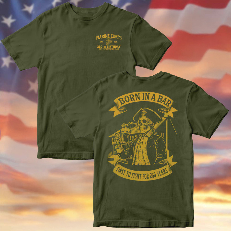 US Marine Corps Born In A Bar Skull 250th Birthday Shirt 2025 Marine Corps Gifts For Him - Image 2