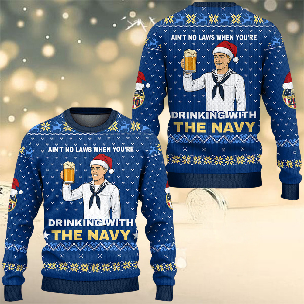 US Navy Drinking With The Navy Ugly Christmas Sweater 250Th Anniversary Veterans Xmas Gifts - Image 3