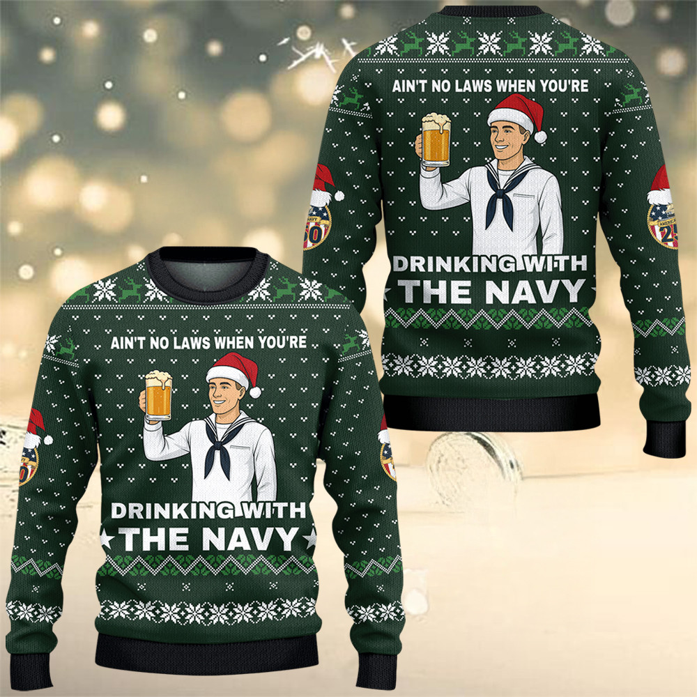 US Navy Drinking With The Navy Ugly Christmas Sweater 250Th Anniversary Veterans Xmas Gifts - Image 2